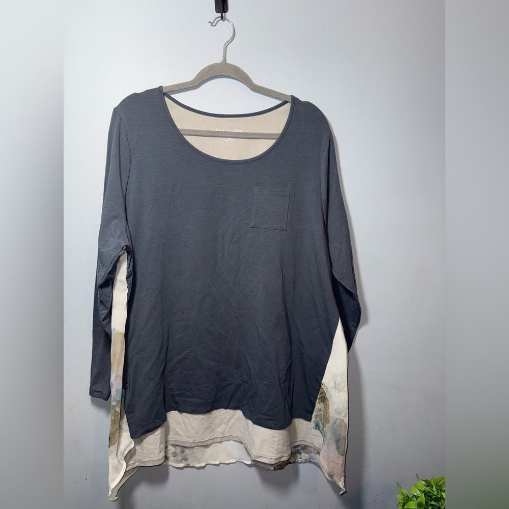 Soft surroundings Blueish Gray Tunic Top with Watercolor Floral Back Size 3X EUC